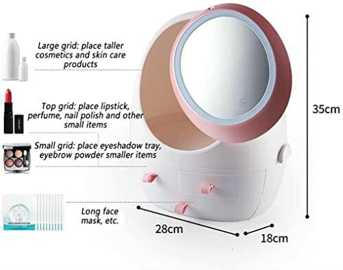 Boîte de rangement cosmétique multifonctionnelle avec miroir et tiroirs.